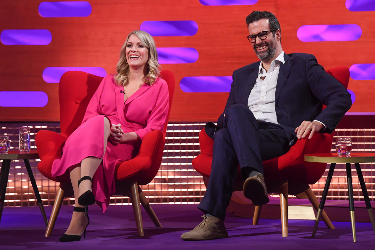 Rachel Parris and Marcus Brigstocke during filming for the Graham Norton Show, 2021. (PA Media on behalf of So TV/PA Wire)