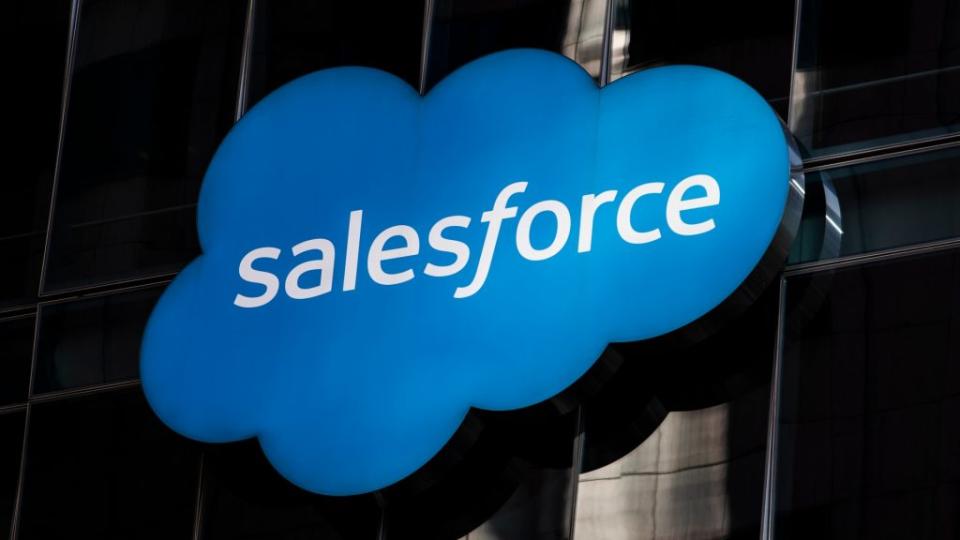 The logo for cloud-based enterprise software company Salesforce is shown at its headquarters in San Francisco. (Photo by Stephen Lam/Getty Images)