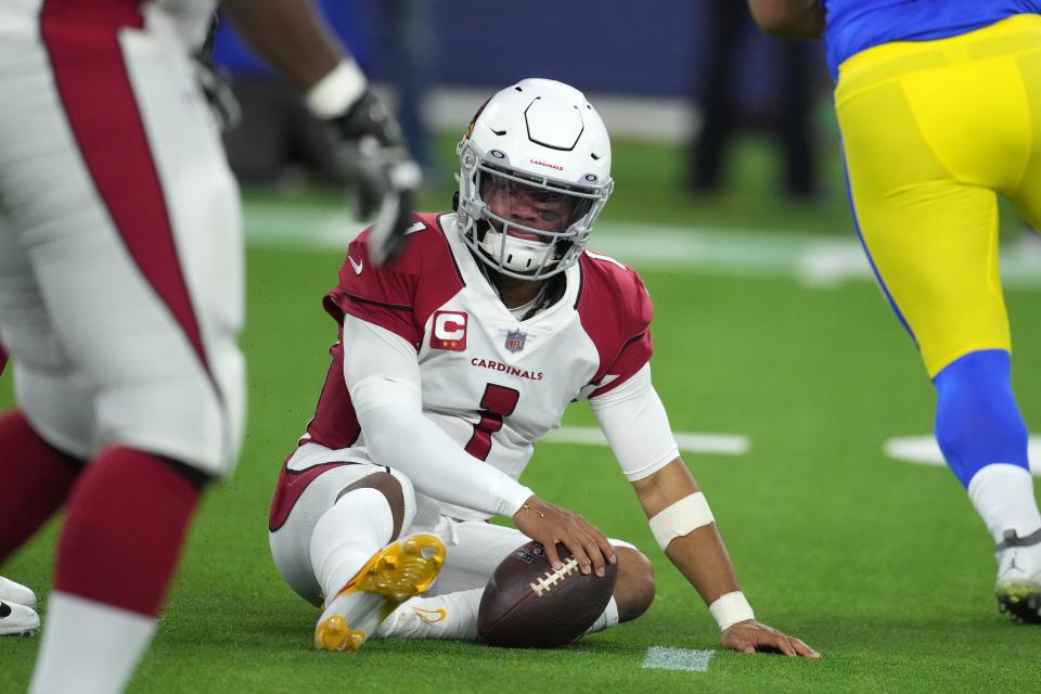 Jan 17, 2022; Inglewood, California, USA; Arizona Cardinals quarterback Kyler Murray (1) reacts after being sacked against the Los Angeles Rams during the first half of an NFC Wild Card playoff football game at SoFi Stadium.