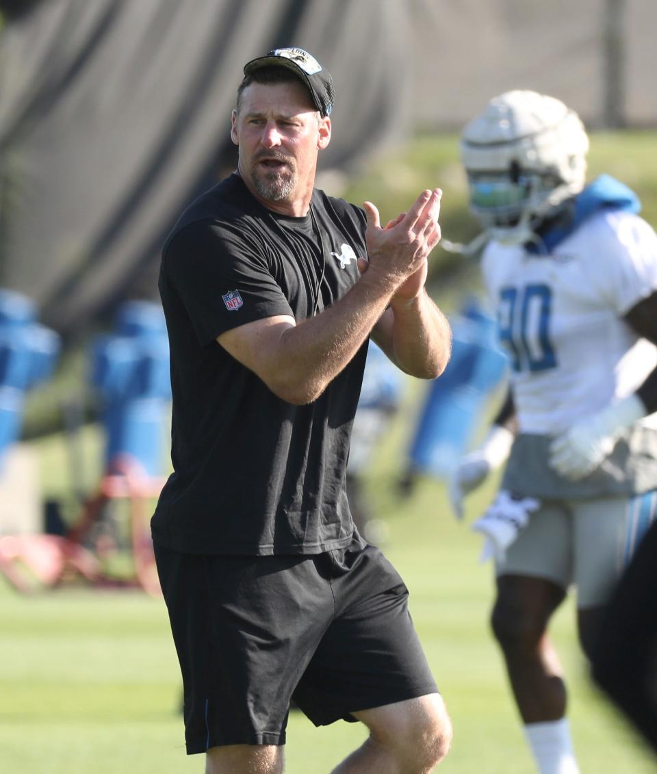 Detroit Lions head coach Dan Campbell on the field during drills Saturday, July 30, 2022 at the Allen Park practice facility. 