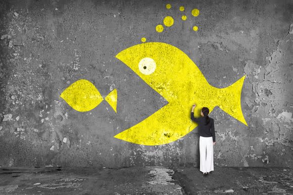 Artist painting a mural on a gray concrete wall, featuring one large yellow fish that is about to swallow a smaller yellow fish.