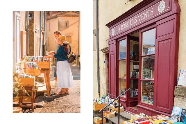 <p>From left: Vincent Photographie/Courtesy of Grand Carcassonne Tourisme; Courtesy of La Rose des Vents</p> From left: Browsing for books in Montolieu; the storefront of La Rose des Vents.