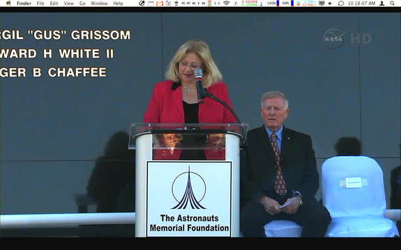 Widow of STS-107 Commander Rick Husband, Evelyn Husband-Thompson, speaks at the memorial service on the 10th annviersary of the shuttle Columbia tragedy, Feb. 1, 2013.