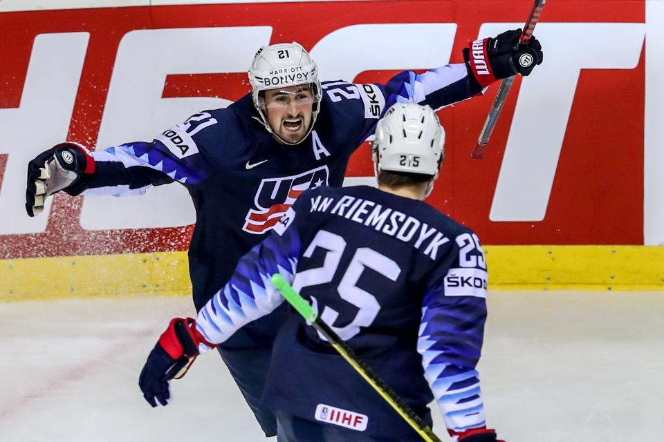Dylan Larkin celebrates his goal with U.S. teammate James van Riemsdyk during the IIHF World Championship Group A match against Germany in Kosice, Slovakia, May 19, 2019.