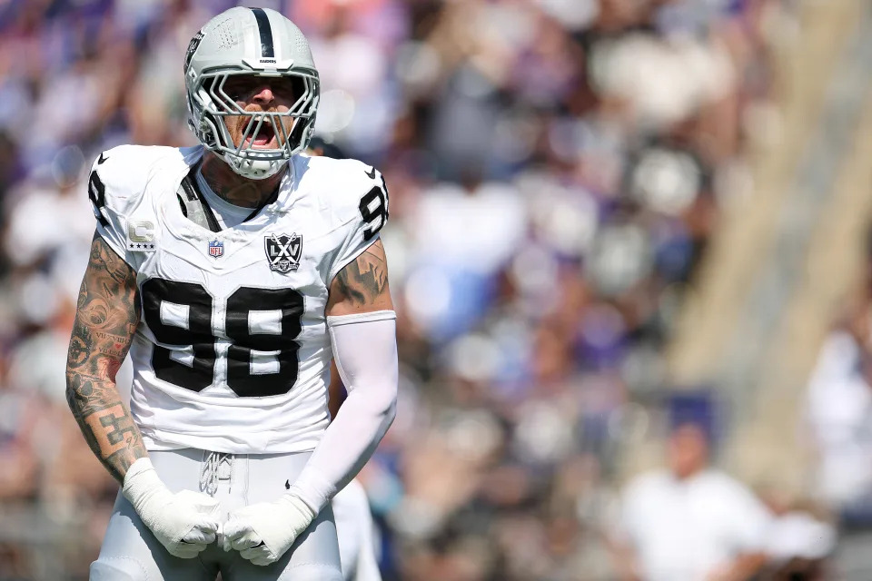 BALTIMORE, MARYLAND - SEPTEMBER 15: Maxx Crosby #98 of the Las Vegas Raiders celebrates a tackle during the first quarter at M&T Bank Stadium on September 15, 2024 in Baltimore, Maryland. (Photo by Rob Carr/Getty Images)