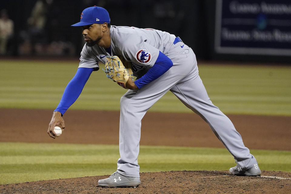 Chicago Cubs pitcher Jose Cuas prepares to throw against the Arizona Diamondbacks during the fifth inning of a baseball game Sunday, Sept. 17, 2023, in Phoenix. (AP Photo/Darryl Webb)