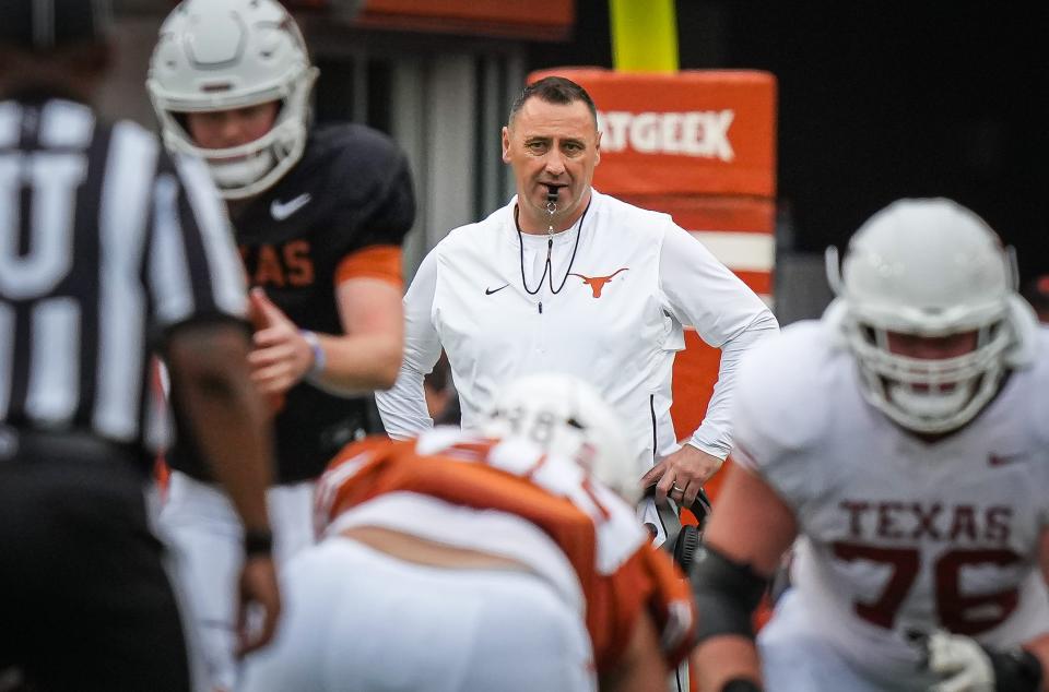 Texas Longhorns Head Coach Steve Sarkisian watches from behind the play during the first quarter of the Longhorns' spring Orange and White game at Darrell K Royal Texas Memorial Stadium in Austin, Texas, April 20, 2024.Austin American-Statesman