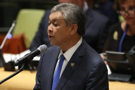 FILE PHOTO: Deputy Prime Minister Ahmad Zahid Hamidi of Malaysia speaks during a high-level meeting on addressing large movements of refugees and migrants at the United Nations General Assembly in Manhattan, New York, U.S. September 19, 2016. REUTERS/Carlo Allegri
