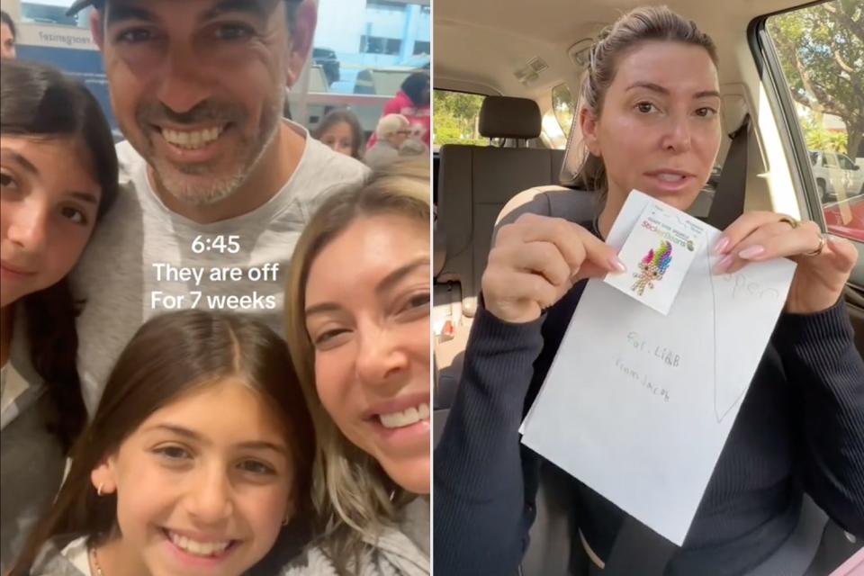 <p>Rachael Potash/TikTok</p> Rachael Potash and husband take selfie with girls ahead of their departure (left), Rachael mails them an envelope of letters and goodies (right)