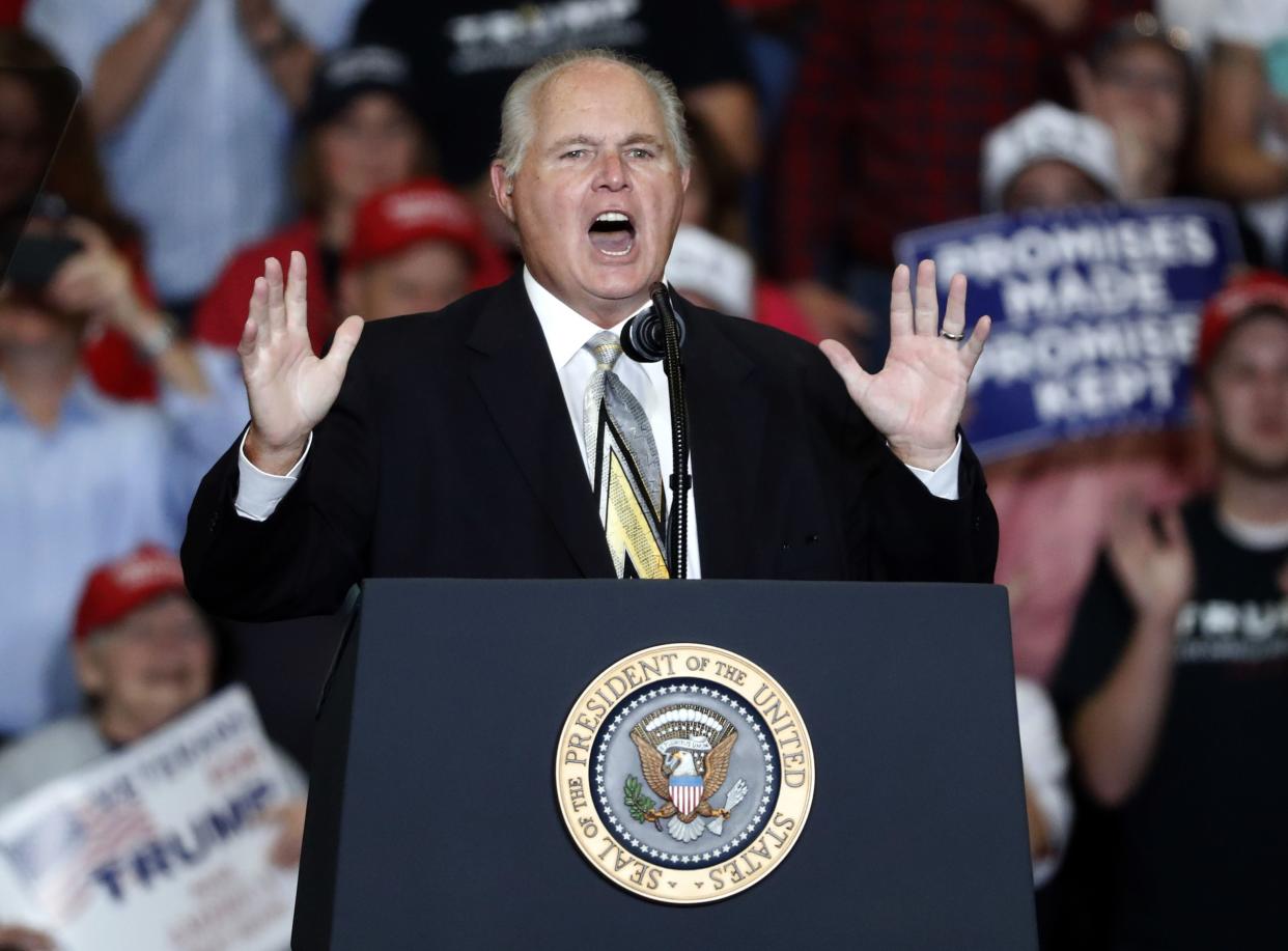 Radio personality Rush Limbaugh introduces President Donald Trump at the start of a campaign rally on Nov. 5, 2018, in Cape Girardeau, Mo. 