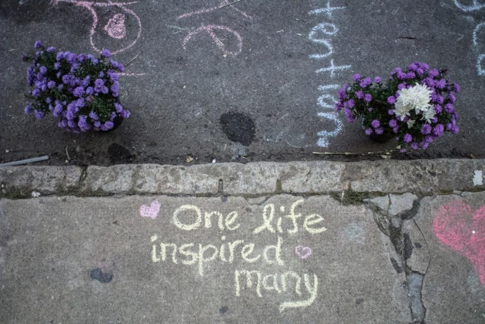 <div class="inline-image__caption"><p>Commemorative graffiti at the Heather Heyer memorial on Aug. 18, 2017, in Charlottesville, VA.</p></div> <div class="inline-image__credit">Bill Tompkins/Getty</div>