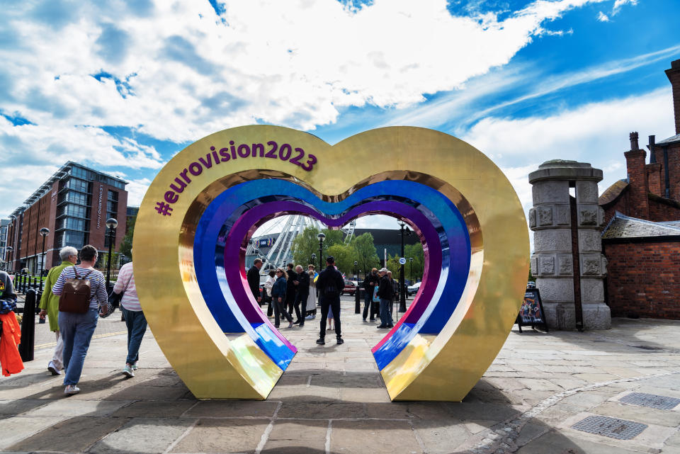 A tunnel of hearts with the hashtag #eurovision2023 seen at the Royal Albert Docks in Liverpool ahead of the Eurovision final on the 13th May. The Eurovision Song Contest was won last year by Ukraine who are unable to host this year's contest due to the ongoing war with Russia. (Photo by Dave Rushen/SOPA Images/LightRocket via Getty Images)