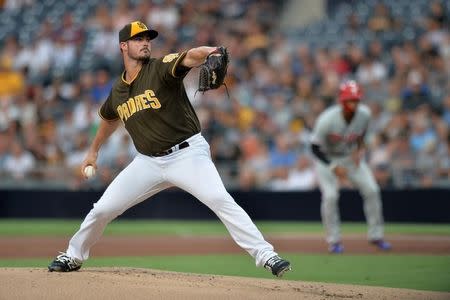 Aug 10, 2018; San Diego, CA, USA; San Diego Padres starting pitcher Jacob Nix (63) makes his Major League pitching debut in the first inning against the Philadelphia Phillies at Petco Park. Mandatory Credit: Jake Roth-USA TODAY Sports