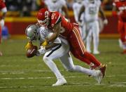 Dec 8, 2016; Kansas City, MO, USA; Kansas City Chiefs cornerback Steven Nelson (20) breaks up a pass intended for Oakland Raiders wide receiver Michael Crabtree (15) during the second half at Arrowhead Stadium. Mandatory Credit: Jay Biggerstaff-USA TODAY Sports