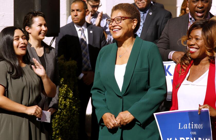 Los Angeles Mayor Elect U.S. Rep. Karen Bass with supporters at the Wilshire Ebell Theater in Los Angeles on Nov. 17