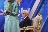 Former U.S. Vice President Mike Pence attends an event at the Iranian opposition headquarters in Albania, where up to 3,000 MEK members reside at Ashraf-3 camp in Manza town, about 30 kilometers (16 miles) west of Tirana, Albania, Thursday, June 23, 2022. (AP Photo/Franc Zhurda)