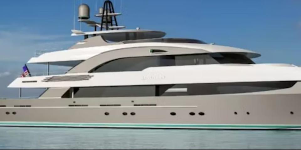 A rendering of a completed 168-foot Trinity Tri-Deck superyacht