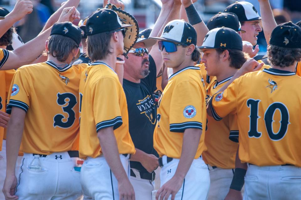 Coach Jim DiGuiseppe Jr. tries to motivate his Archbishop Wood players in the fifth inning of the PIAA 4A Baseball Championship Semifinal Playoff Tuesday, June 13, 2023 at DeSales University in Center Valley, Pennsylvania. Dallas beat Wood 8-3 to move on to the championship game. (WILLIAM THOMAS CAIN/For The Courier Times)