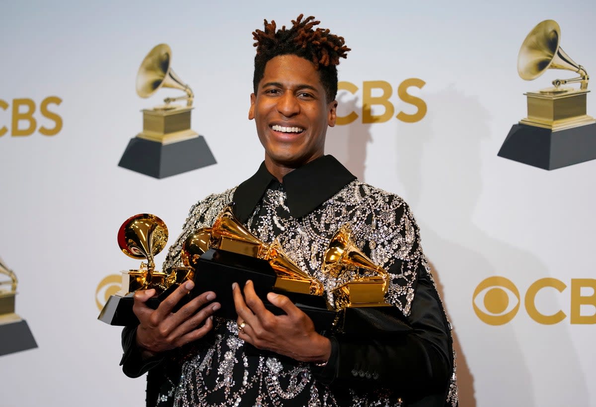 Jon Batiste poses in the press room at the 64th Annual Grammy Awards at the MGM Grand Garden Arena on 3 April 2022 in Las Vegas (AP)