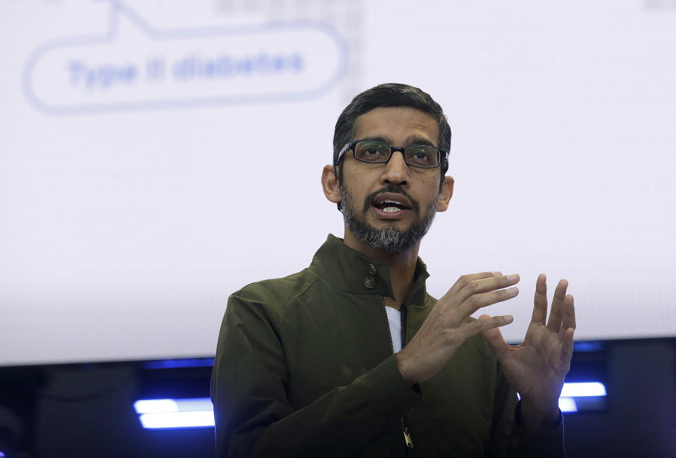 FILE - In this May 8, 2018, file photo, Google CEO Sundar Pichai speaks at the Google I/O conference in Mountain View, Calif. Top executives from Google, Microsoft, IBM, Oracle and Qualcomm are planning to meet at the White House amid strained ties between President Donald Trump’s administration and the tech industry. (AP Photo/Jeff Chiu, File)