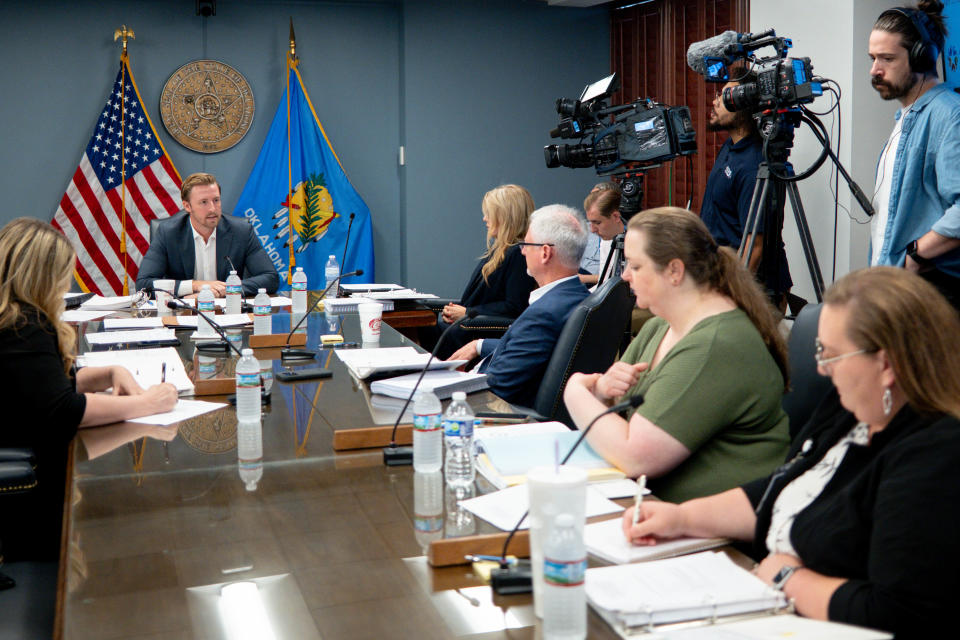 State schools Superintendent Ryan Walters speaks during an Oklahoma school board meeting at the Oklahoma Capitol in Oklahoma City, on Thursday, April 25, 2024.