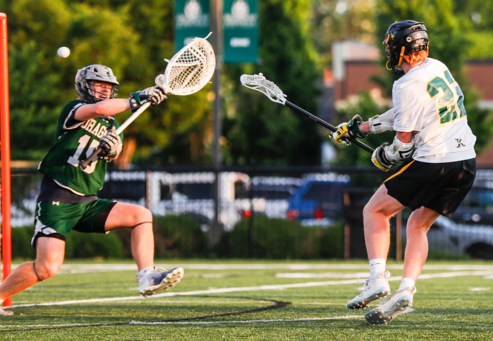 St. X's Jack Phelps scores past South Oldham goalie Ryan Schock in Monday night's state lacrosse championship game. May 22, 2023.