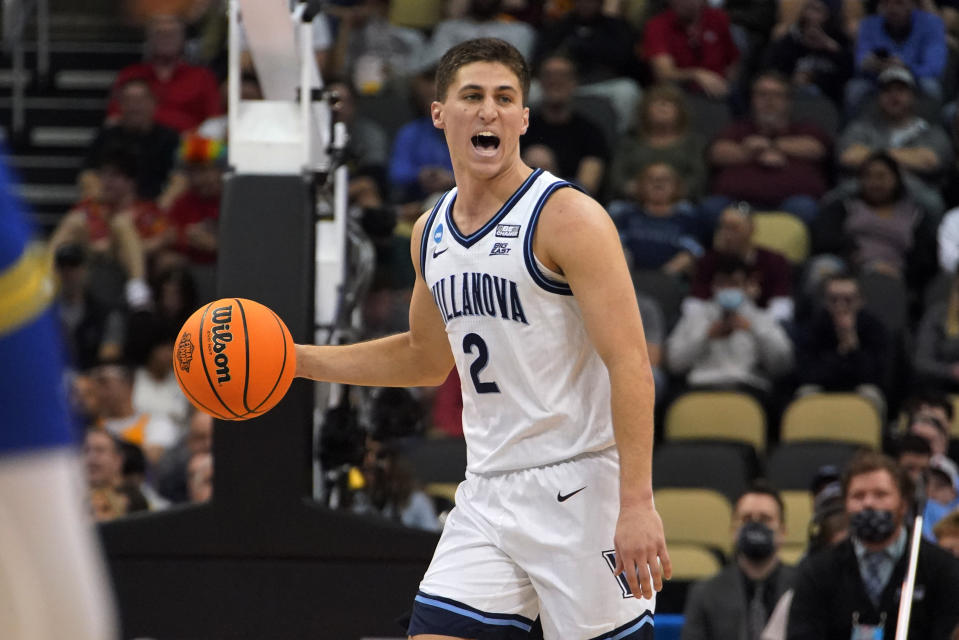 Villanova 's Collin Gillespie (2) plays during the second half of a college basketball game against Delaware in the first round of the NCAA tournament in Pittsburgh, Friday, March 18, 2022. Villanova won 80-60. (AP Photo/Gene J. Puskar)