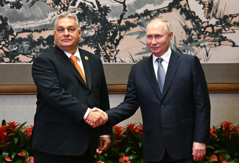 This pool photograph distributed by Russian state owned agency Sputnik shows Russia's President Vladimir Putin meeting with Hungarian Prime Minister Viktor Orban on the sidelines of the Third Belt and Road Forum in Beijing on October 17, 2023. (Photo by Grigory SYSOYEV / POOL / AFP) (Photo by GRIGORY SYSOYEV/POOL/AFP via Getty Images)