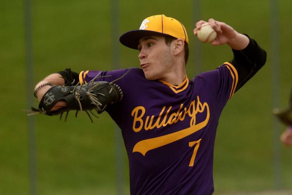 Bloom-Carroll's Logan Moore pitches against Granville in a Division II district semifinal. The Bulldogs lost on the road 1-0 despite Moore's 2-hitter.