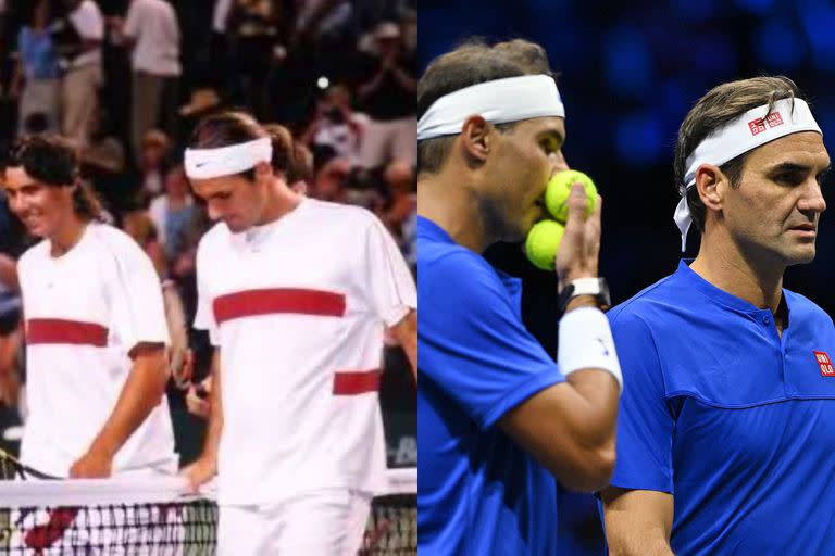 Roger Federer y Rafael Nadal se vieron por primera y última vez dentro de una cancha en partidos de dobles. La primera en Indian Wells 2004 y la última en la Laver Cup 2022 (Fotos: Twitter @BastienFachan / Glyn KIRK AFP)