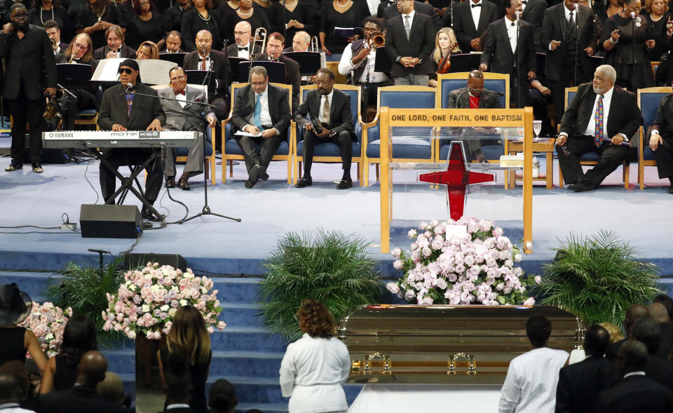 FILE - In this Aug. 31, 2018 file photo, Stevie Wonder performs during the funeral service for Aretha Franklin at Greater Grace Temple in Detroit. Franklin died on Aug. 16, of pancreatic cancer at the age of 76. (AP Photo/Paul Sancya, File)