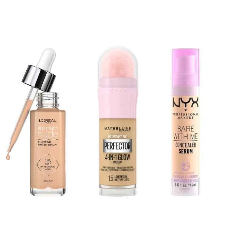 True Match Nude Plumping Tinted Serum by L’Oreal Paris, Maybelline Instant Anti Age Perfector 4-In-1, The Bare With Me Concealer Serum by NYX