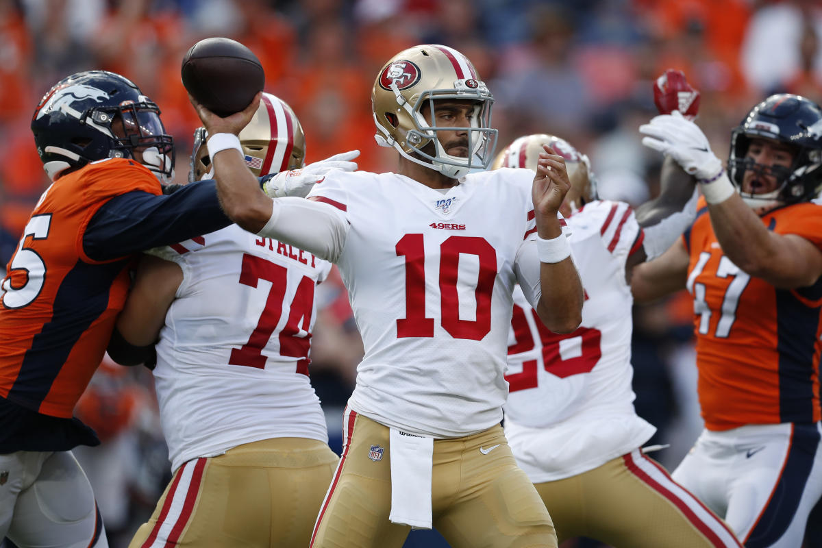 August 25, 2018: San Francisco 49ers quarterback Jimmy Garoppolo (10)  during pregame of NFL football preseason game action between the San  Francisco 49ers and the Indianapolis Colts at Lucas Oil Stadium in