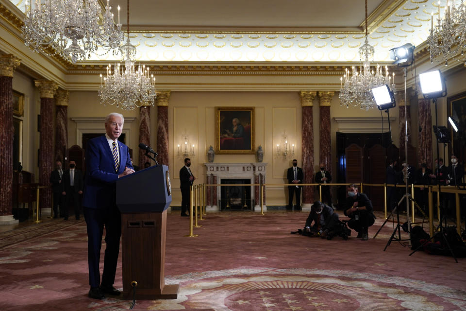 FILE - In this Feb. 4, 2021, file photo, President Joe Biden speaks about foreign policy, at the State Department in Washington. As a presidential candidate, Joe Biden promised to make a pariah out of Saudi Arabia over the 2018 murder of dissident Saudi writer Jamal Khashoggi. But when it came time to actually penalize Saudi Arabia’s crown prince, America’s strategic interests prevailed. (AP Photo/Evan Vucci, File)