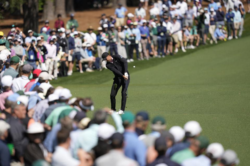 Jordan Spieth hits from the fairway on the second hole during second round at the Masters golf tournament at Augusta National Golf Club Friday, April 12, 2024, in Augusta, Ga. (AP Photo/David J. Phillip)