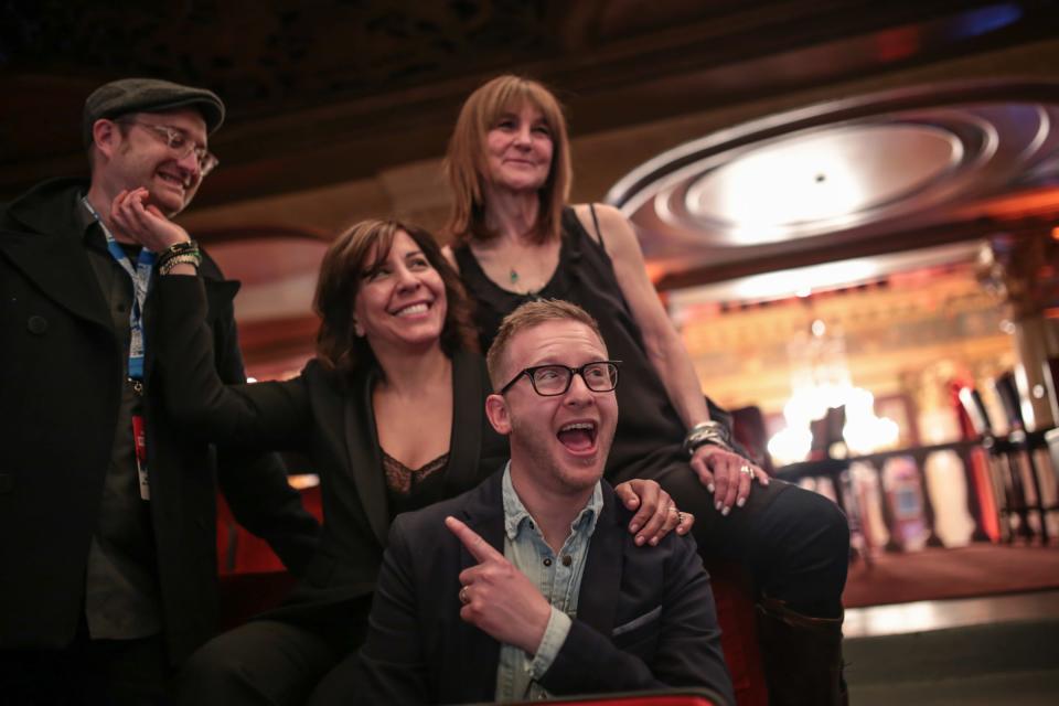 Director Scott Crawford, left, executive producer Margaret Saadi, producer/writer Jaan Uhelszki and producer JJ Kramer, son of Creem publisher Barry Kramer, pose for a photo before the screening of the Creem magazine documentary at opening night of the Freep Film Festival at the Fillmore Detroit on Wednesday, April 10, 2019.