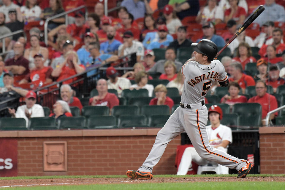 ST. LOUIS, MO. - SEPTEMBER 04: San Francisco Giants right fielder Mike Yastrzemski (5) doubles in the seventh inning during a Major League Baseball game between the San Francisco Giants and the St. Louis Cardinals on September 04, 2019, at Busch Stadium, St. Louis, MO. (Photo by Keith Gillett/Icon Sportswire via Getty Images)