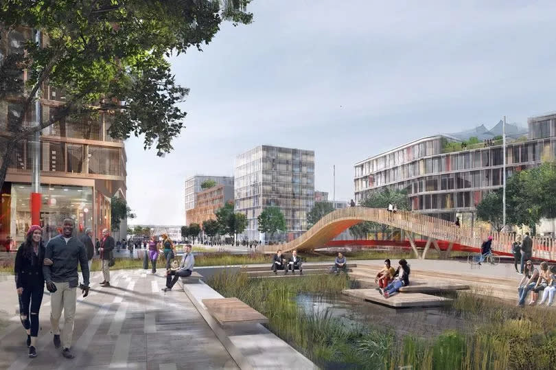 An artist's impression of the Cardiff Hendre Lakes development, leading down towards Cardiff Parkway train station