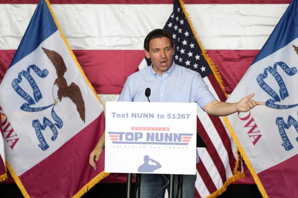 Republican presidential candidate Florida Gov. Ron DeSantis speaks during U.S. Rep. Zach Nunn's Annual BBQ, Saturday, July 15, 2023, in Ankeny, Iowa. (AP Photo/Charlie Neibergall)