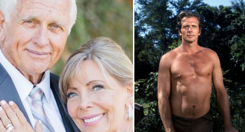 Ron Ely pictured wearing a suit with his wife Valerie Lundeen (left), and Ely topless and tanned during his Tarzan days (right).