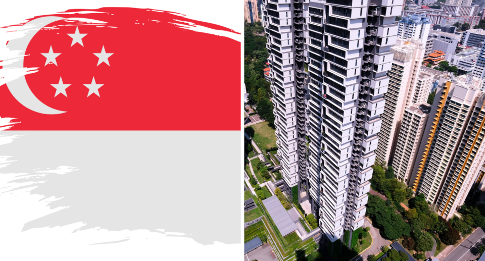 Singapore flag with brush effect on the left, a modern HDB building in Queenstown on the right.