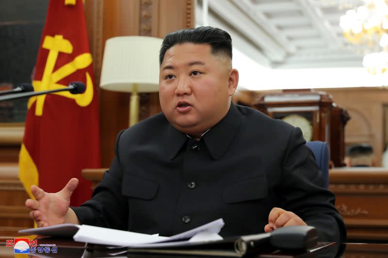 North Korean leader Kim Jong Un speaks during the Third Enlarged Meeting of the Seventh Central Military Commission of the Workers' Party of Korea