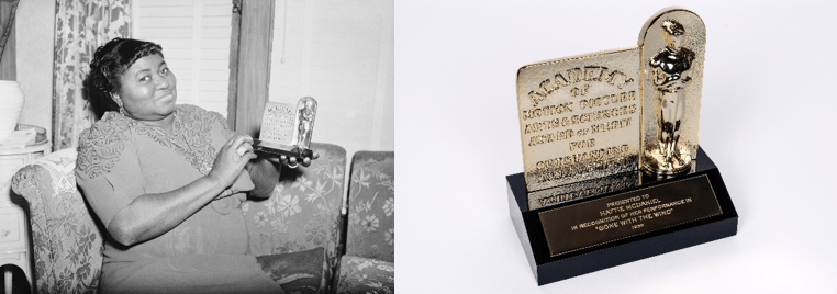 Hattie McDaniel with her Best Supporting Actress plaque (Bettmann/Getty Images) and the reproduction going to Howard University (Owen Kolasinski/© Academy Museum Foundation)