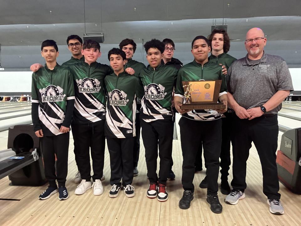 NJSIAA team bowling finals at Bowlero North Brunswick on Tuesday, Feb. 27, 2024. Kinnelon captured the first state title in program history, defeating Clayton in the Group 1 boys final, 2 games to 0.