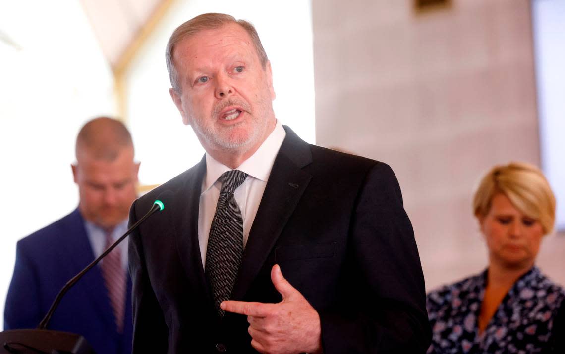 North Carolina Senate Leader Phil Berger talks about House Bill 324 during a press conference at the Legislative Building Tuesday, August 24, 2021.