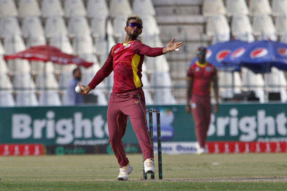 West Indies' Nicholas Pooran bowls during the third and final one-day international cricket match between Pakistan and West Indies at the Multan Cricket Stadium, in Multan, Pakistan, Sunday, June 12, 2022. (AP Photo/Anjum Naveed)