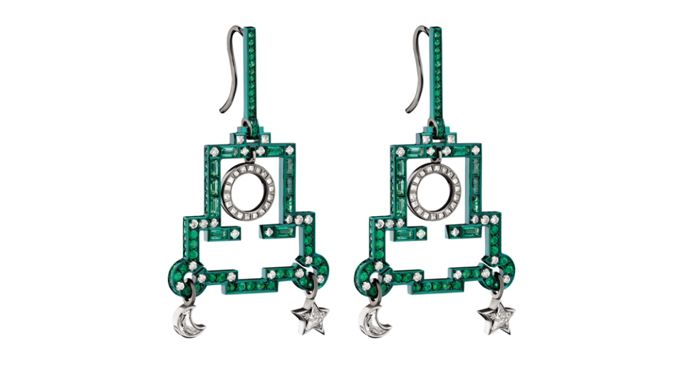 Solange Azagury-Partridge Diamond and Emerald Crescent and Moon Earrings