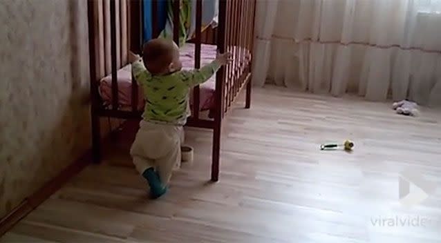 According to baby centre some children of this age may walk while holding onto furniture. Source: Viral Video UK