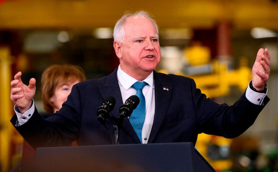 PHOTO: Minnesota Governor Tim Walz speaks during a visit by U.S. President Joe Biden to the Cummins Power Generation facility on April 3, 2023 in Fridley, Minnesota. (Stephen Maturen/Getty Images)