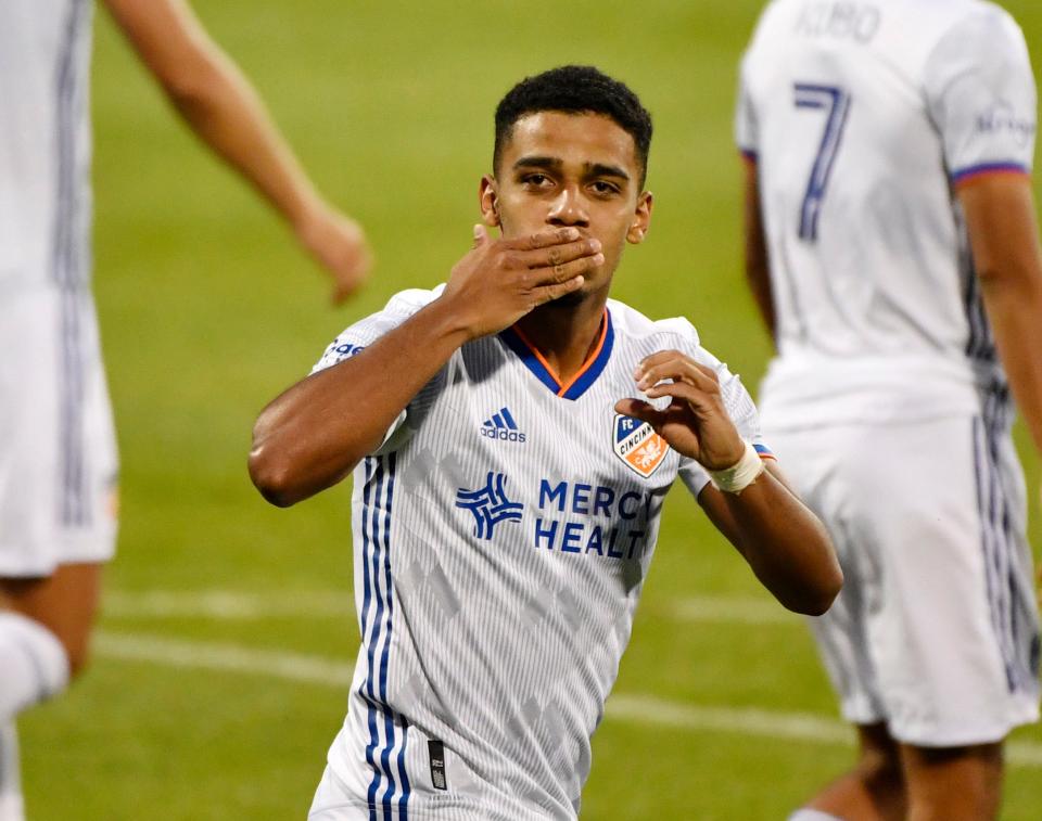 Jul 17, 2021; Montreal, Quebec, CAN; FC Cincinnati forward Brenner Souza da Silva (9) reacts after scoring a goal against CF Montreal during the second half at Stade Saputo.